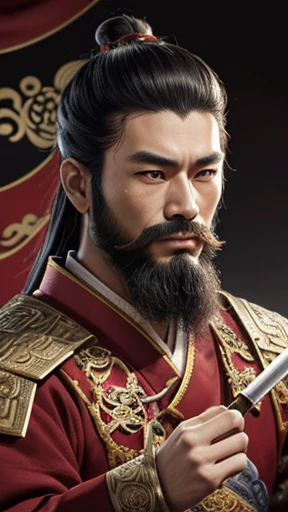 oriental、man in ancient chinese clothes、ancient chinese hairstyle man、three kingdom、multiple warlords、highest quality、masterpiece、ultra high resolution、(realistic:1.4)、game poster、Clear and beautiful image quality、Red clothes、long beard、I decorated my head with a small box.、Bundle belt、Holding a scepter