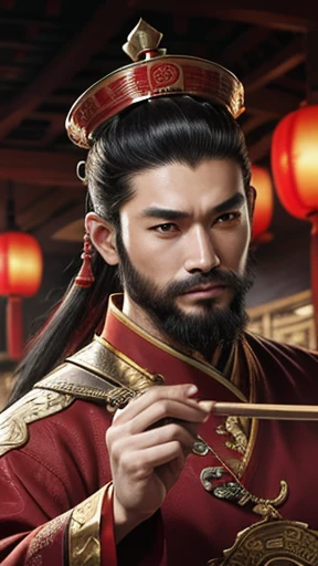 oriental、man in ancient chinese clothes、ancient chinese hairstyle man、three kingdom、multiple warlords、highest quality、masterpiece、ultra high resolution、(realistic:1.4)、game poster、Clear and beautiful image quality、Red clothes、long beard、I decorated my head with a small box.、Bundle belt、Holding a scepter