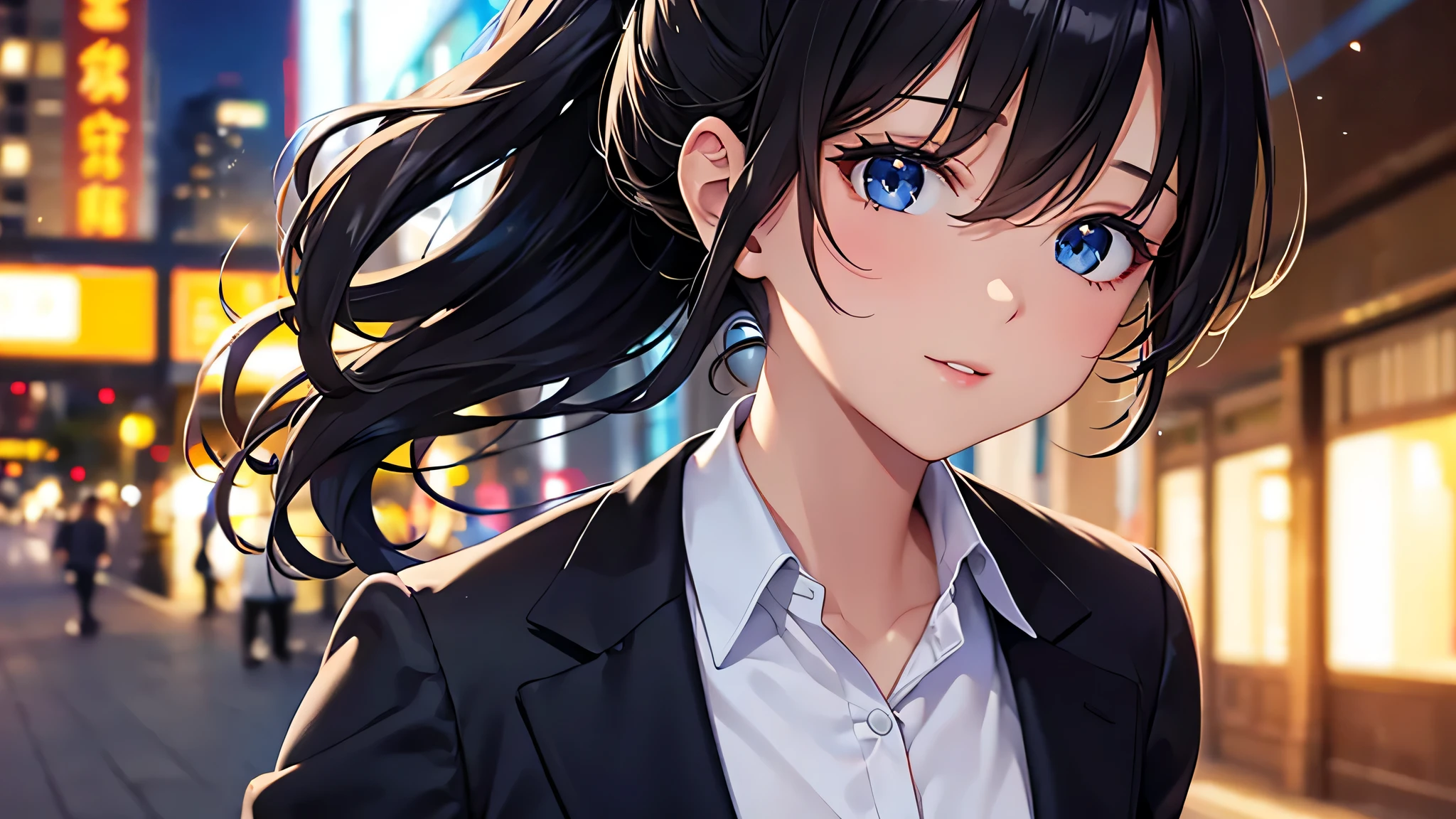 #woman(8K, RAW photo:1.2),detailed face and eyes,最high quality, ultra high resolution, very detailed ,intricate details ,pretty girl , soft light like a movie, hyper detail,sharp focus, high quality,suit,Shirt Formal,ponytail,black hair,Salt compatible,high angle,business suit,drunk,night,town,face to face