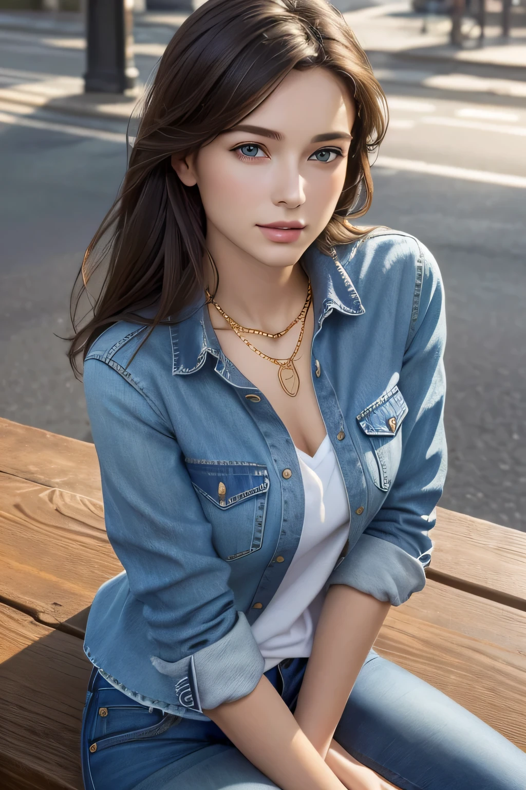(on the table, best quality, lifelike, high resolution, photography, :1.3), Very close-up shot, sharp focus, 1 Brunette girl, European girl, Popular models, Highly detailed eyes and pupils, actual skin, Slim body type, , Very fine hair, Delicate and sexy face, feeling out of breath, shiny lips, ((Wearing a denim shirt and gold necklace)), on the street, ((actual, 超realism, realism, Real details))