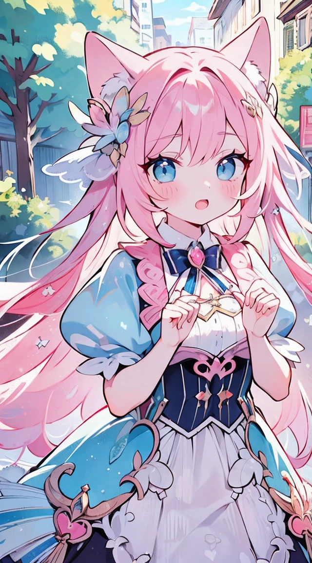 (best quality, masterpiece:1.2),ultra-detailed,realistic,girls with pink hair,beautiful detailed blue eyes,extremely detailed faces,long eyelashes,street magic,idol costumes,dual-tailed,offering hands