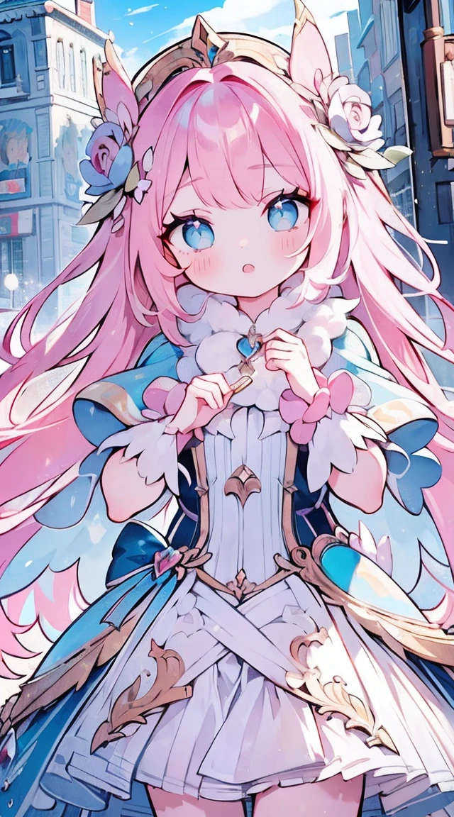 (best quality, masterpiece:1.2),ultra-detailed,realistic,girls with pink hair,beautiful detailed blue eyes,extremely detailed faces,long eyelashes,street magic,idol costumes,dual-tailed,offering hands