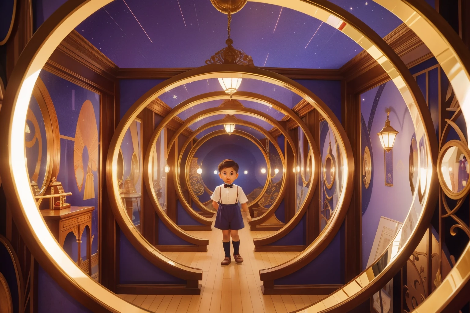 1900s Marvelous Mirror Maze Adventure (Location: Marvelous Mirror Maze)
Character: A Latino child with mirrored attire embarks on a magical adventure through the marvelous mirror maze during the 1900s, reminiscent of Enid Blyton's enchanting tales.