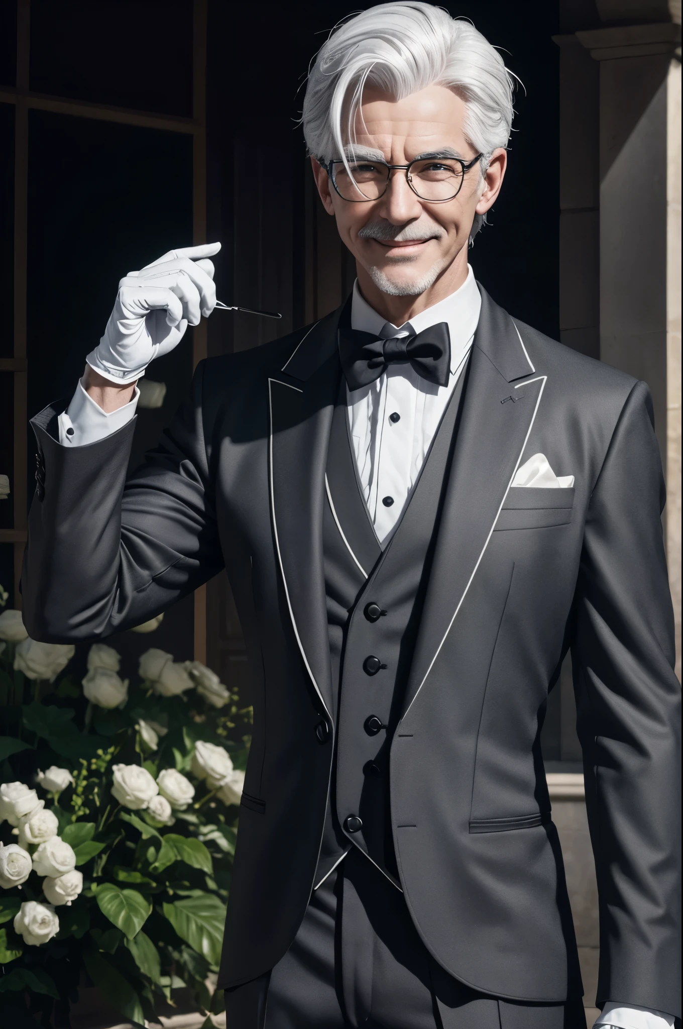 8K,An old butler with white hair and small glasses,Gray-haired short-haired,super handsome(like the real thing),butler with goat eyes,Macho with muscular slender body,smile,Black butler uniform,Butler costume,Cotton gloves,ultra high resolution,Super realistic,fantasy art,character art,rich colors, Backlight, cinematic lighting, film grain, born, 50mm lens, Nikon D850,big mansion garden,