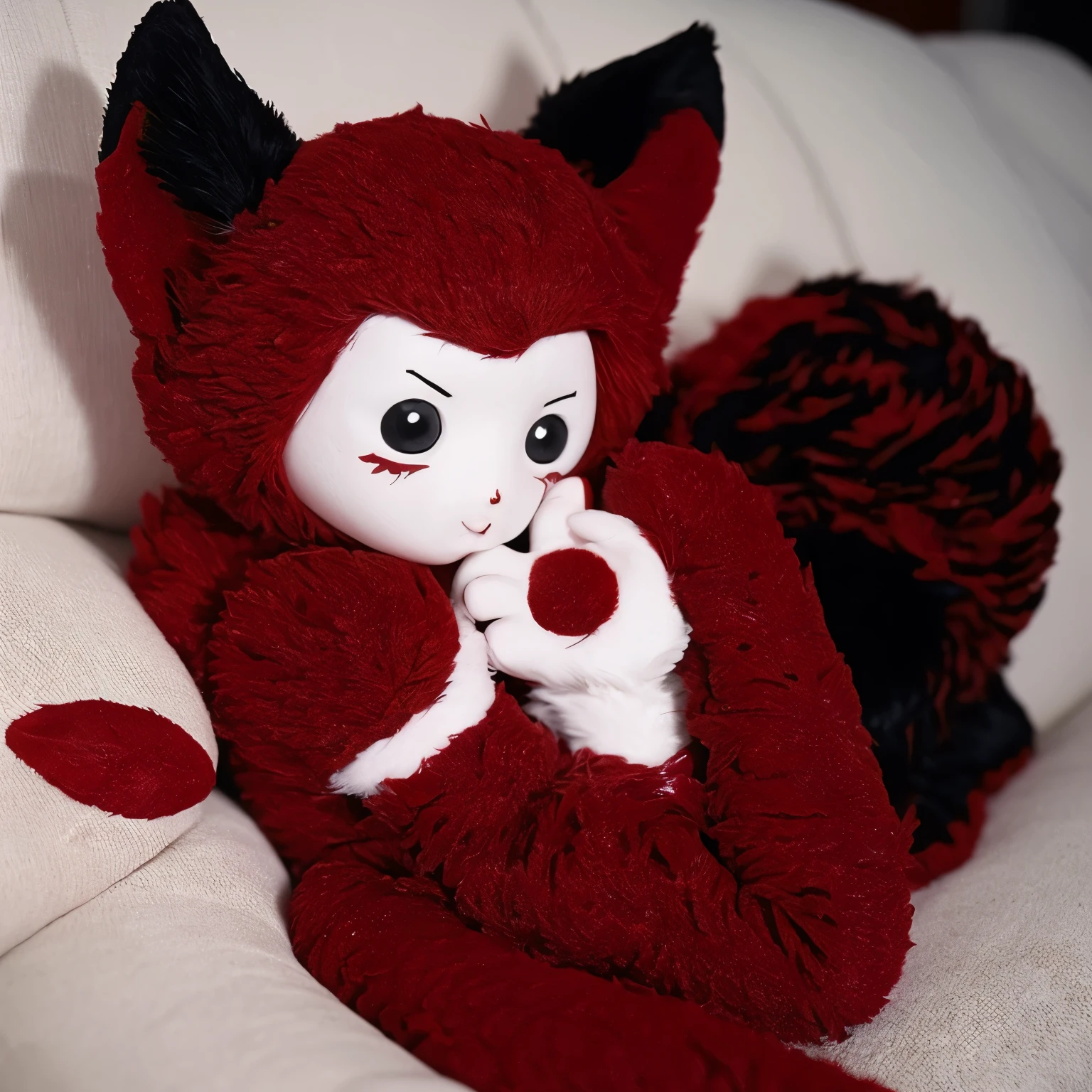 A fox with intertwined black and red patterns and a pair of horns on its head is lying on the bed with its hands and feet raised.