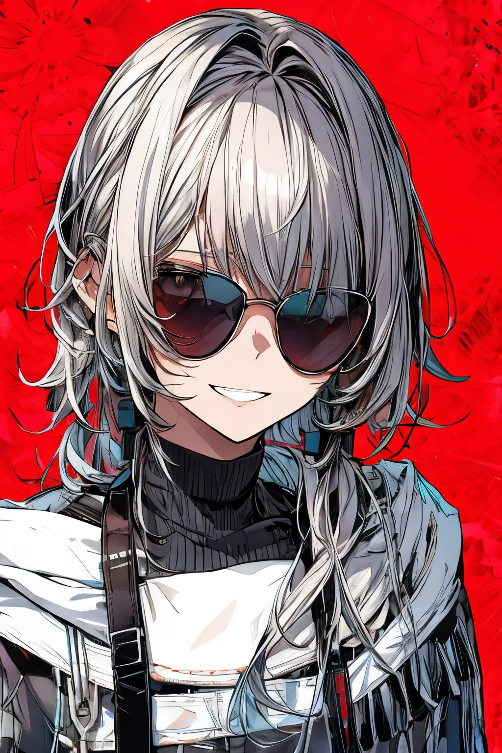 anime girl risque outfit yet cover skin, posing for photoshoot, masterpiece, best quality, high quality, wearing sunglasses near nose, one eye open, smiling