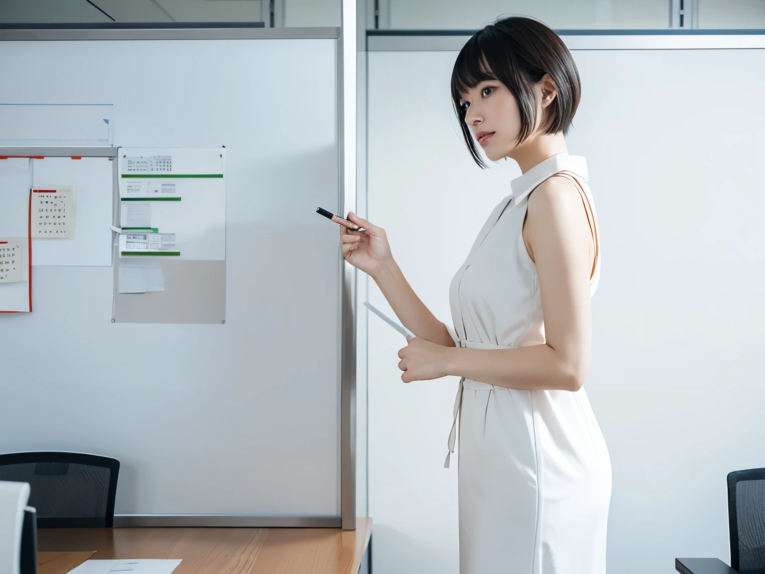 there is an officeJapanese lady,Short hair with oblique bangs,In modern minimalist office,looking at the walls, Simple business casual attire,Simple dress,there is a whiteboard on the wall, minimalist , japanese office, japanese lady, standing in the office looking at wall's whiteball,Modern decorated office