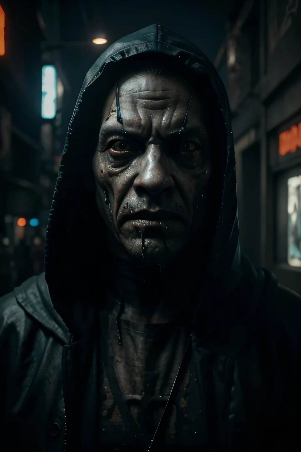 monstro, ((fotorrealista)), foto profissional de (man with scary appearance), Horror, Efeito tridimensional (ultrarrealista), (ambiente altamente detalhado), Atmosfera perturbadora, Horror, perfect lighting, ((Estilo Cyberpunk)), (Horror style ), moldura do filme, cinematic lighting, capuz, blue neon, mascarar