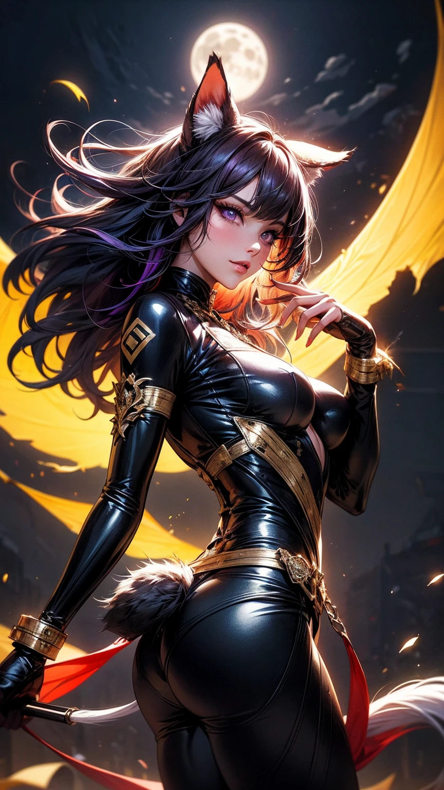 beautiful girl, with long black hair, heterochromatic eyes (blue/yellow), no smile, very sad appearance, black dress, looking down, with black and gold angel wings and a cat ear tiara, bright colors (at the bottom written "Prisma")