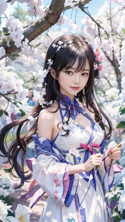 Anime girl in white dress standing in flower field, 绫香Genshin冲击, official artwork, 《Genshin》Ke Qingyu, Hestia, Beautiful anime portrait, style, 《Genshin》Zhongli in, Detailed digital animation art, Hungry Ghost Festival, beautiful anime girl, anime goddess, 绫香游戏Genshin冲击  