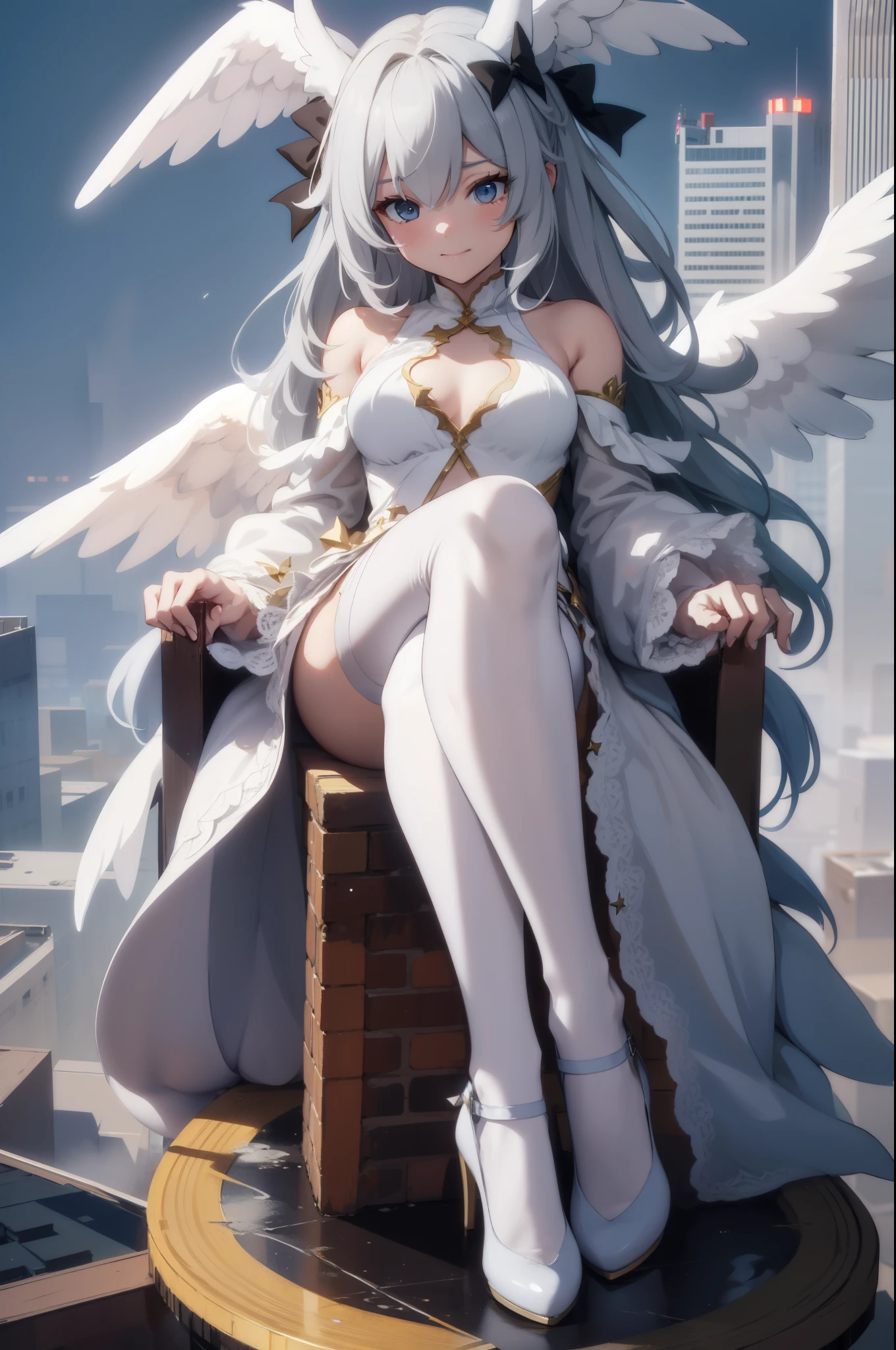 Aerial View,giant girl 50,000 feet high,Weight 1000kg,Has a pair of huge white angel wings,With huge devil horns on his head,Has waist-length white hair,loose hair,white wavy hair,Wearing a pair of white Mary Jane high heels,White lace gloves,White lace pantyhose,Pantyhose with bow and star decorations,白色蕾丝whole body,Standing upright on a small city,Beautiful appearance,Exquisite makeup,quality,8k,高quality,Perfect proportion, Cinema lighting,film grain,Fuji colors,8k,textured skin,Super details,high detail,high resolution,fake smile,blood stains,脚底有blood stains,whole body,Obese,feather