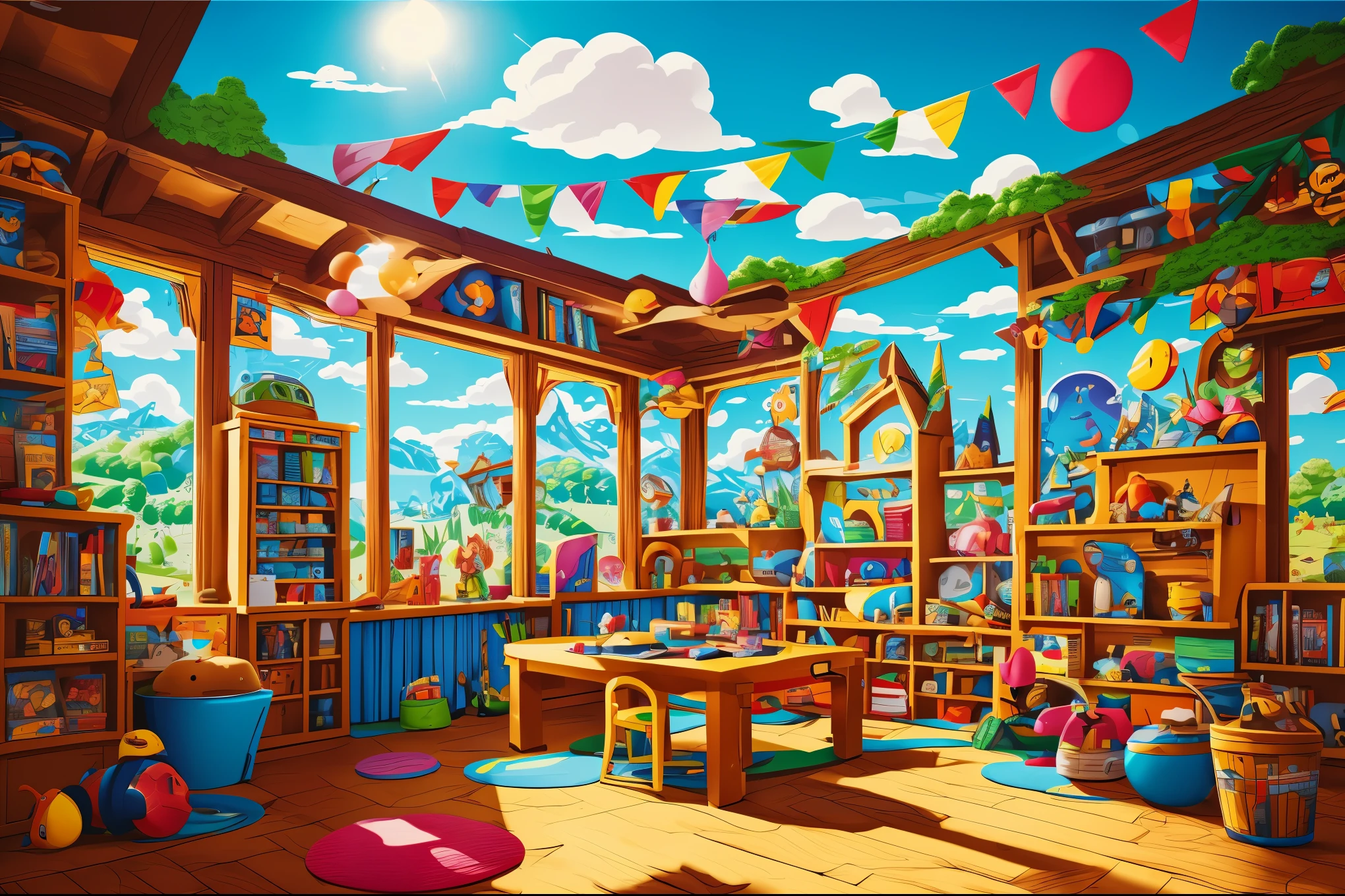 bright, ((cartoon style)), a background of a children's room inside)), cute room with toys, fluffy plushe toys, children's toys, sunny day, no human, illustration for children, fantasy art, masterpiece, detailed, intricate, 4k, art