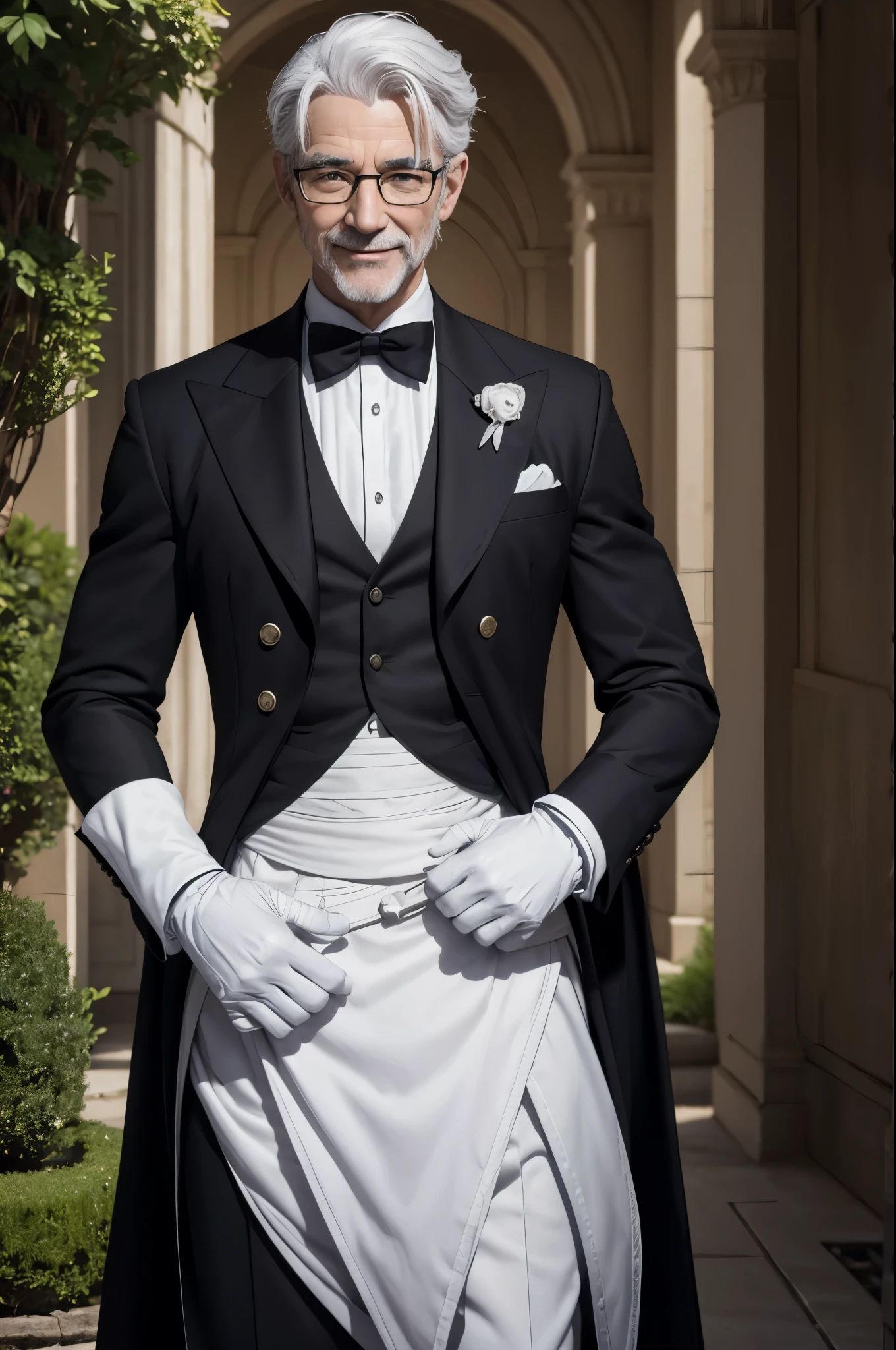 8K,An old butler with white hair and small glasses,Gray-haired short-haired,super handsome(like the real thing),butler with goat eyes,Macho with muscular slender body,smile,Black butler uniform,Butler costume,Cotton gloves,ultra high resolution,Super realistic,fantasy art,character art,rich colors, Backlight, cinematic lighting, film grain, born, 50mm lens, Nikon D850,big mansion garden,