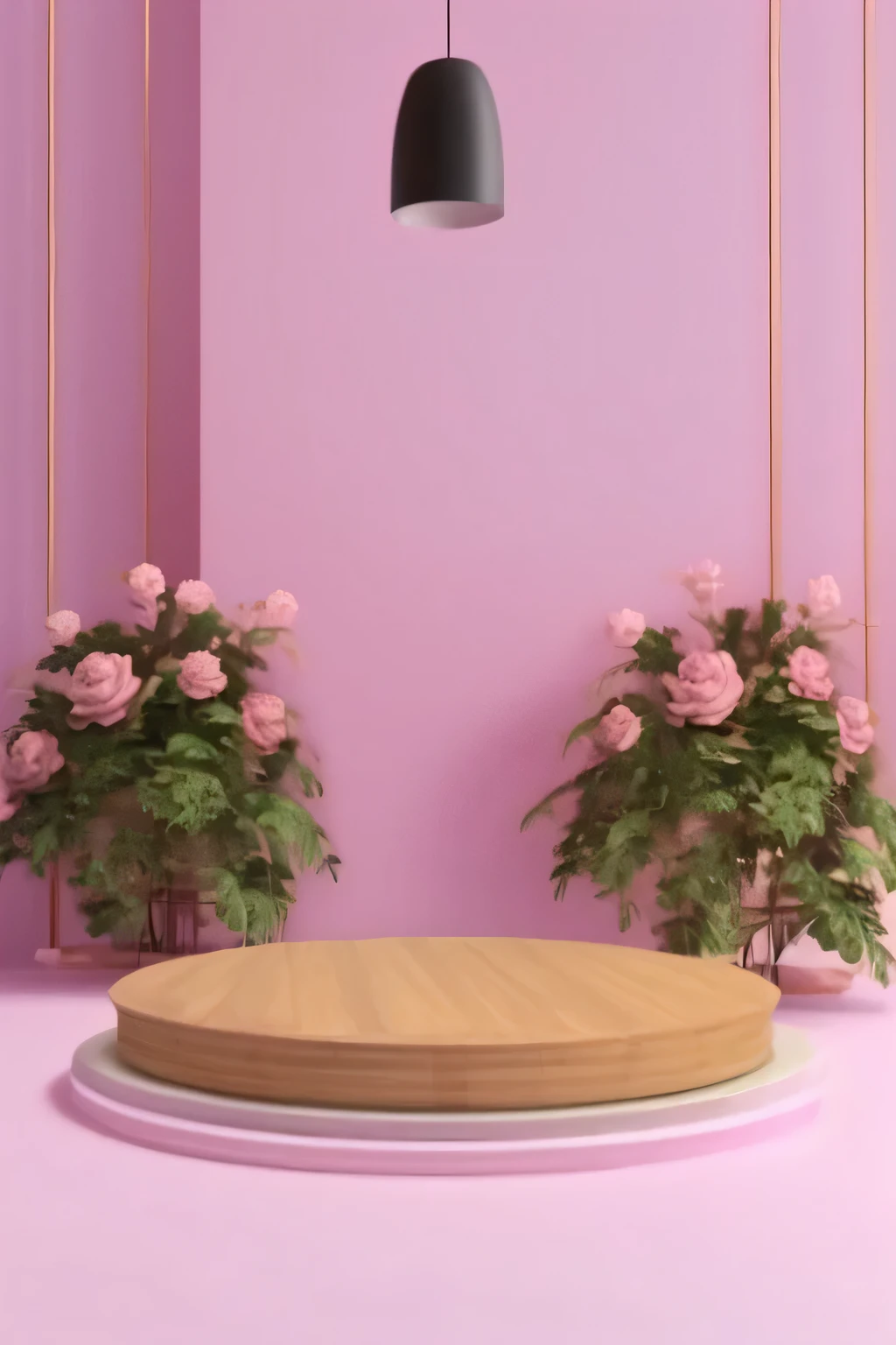 uma sala rosa com uma mesa redonda e duas plantas, O rosa era estilo, 🌺 Sociedade CG, Jantar 3D, Jantar 3D, The walls are pink, cena colorida, random background scene, Pink Rose Lighting, high quality rendering, photorendering, pink vibe, com tons suaves de rosa, Atmosfera floral, Fundo rosa, clean 3 d render, paleta rosa minimalista