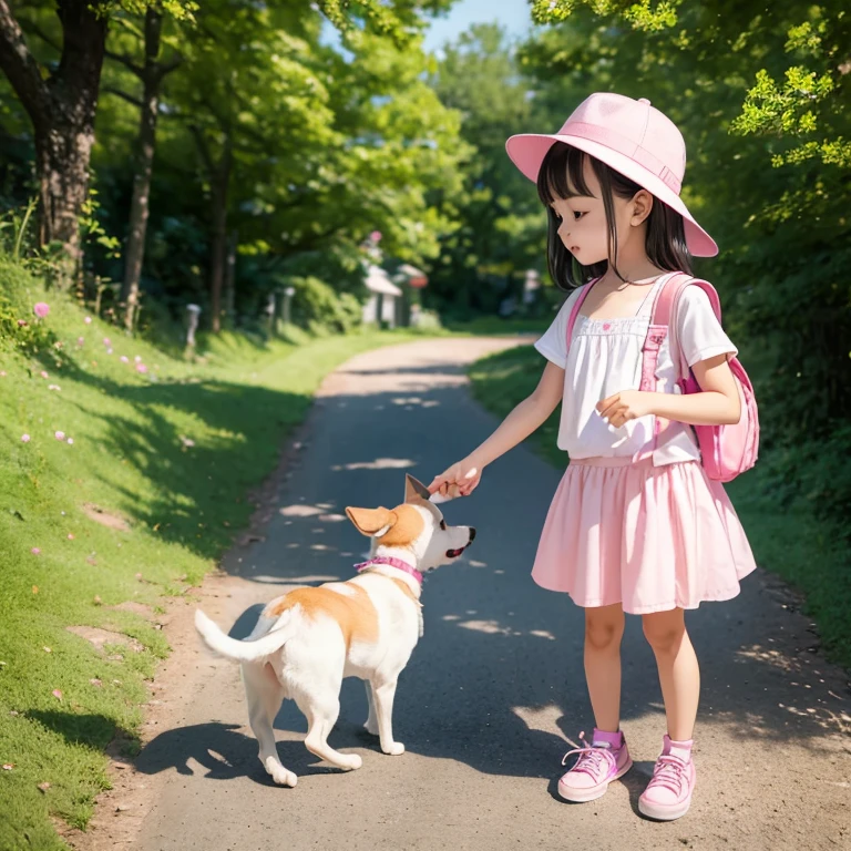 spring，In nature，1 little girl，1 small dog，Play，Little girl in white blouse，Pink shorts，wearing pink hat，Carrying a pink backpack，Wearing pink sneakers on his feet，Realistic style，panoramic，Human perspective，Very detailed，best quality，4k，Light effect，blur background
