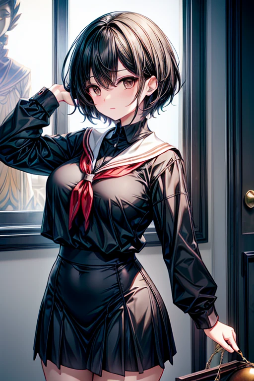 a black haired woman with brown eyes with an hourglass figure with short hair is wearing a school uniform
