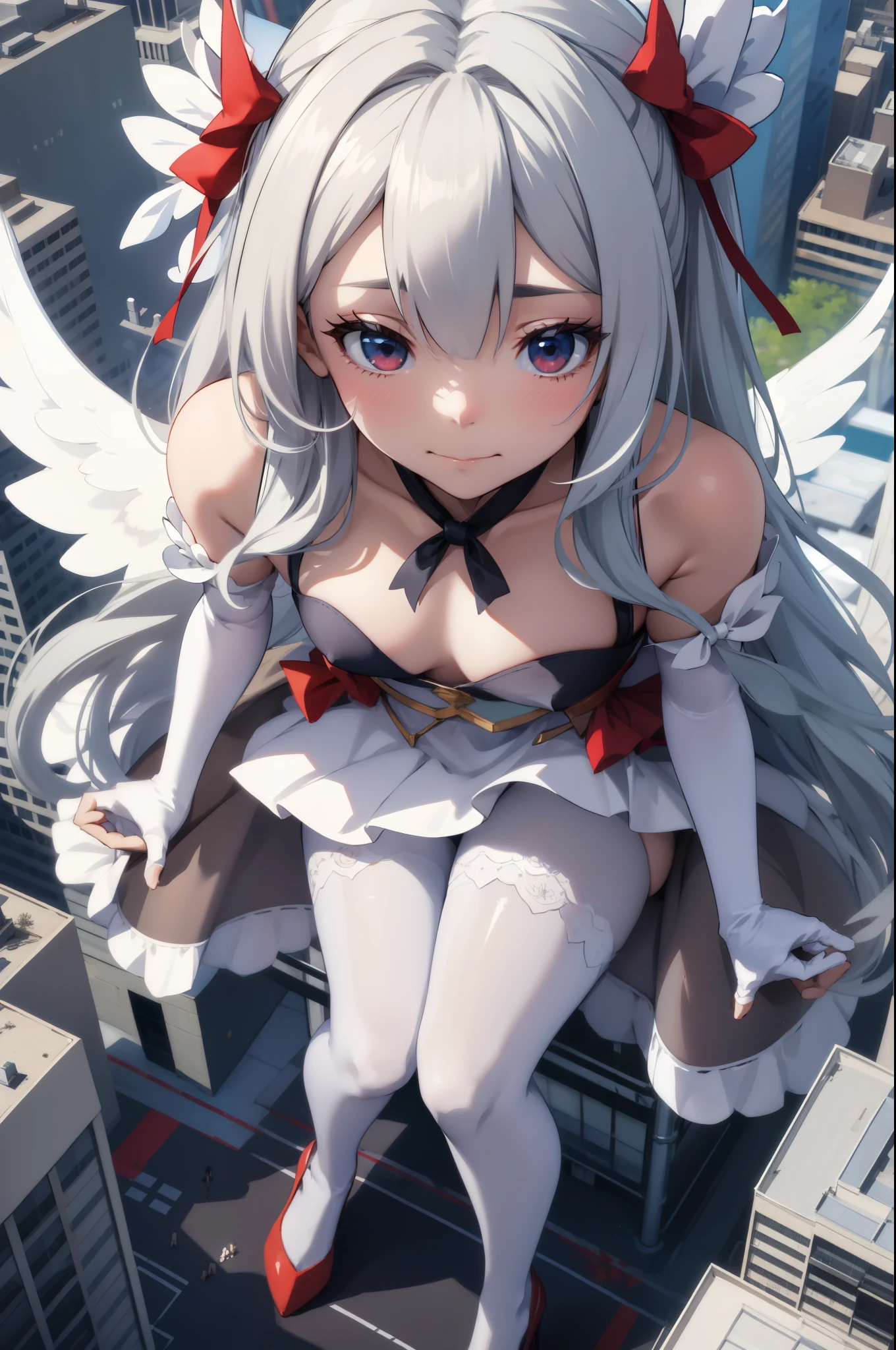 Aerial View，giant girl 50,000 feet high，Weight 1000kg，Has a pair of huge white angel wings，With huge devil horns on his head，Has waist-length white hair，loose hair，white wavy hair，Wearing a pair of white Mary Jane high heels，White lace gloves，White lace pantyhose，Pantyhose with bow and star decorations，白色蕾丝whole body，Standing upright on a small city，Beautiful appearance，Exquisite makeup，quality，8k，高quality，Perfect proportion, Cinema lighting，film grain，Fuji colors，8k，textured skin，Super details，high detail，high resolution，fake smile，blood stains，脚底有blood stains，whole body，Obese，feather