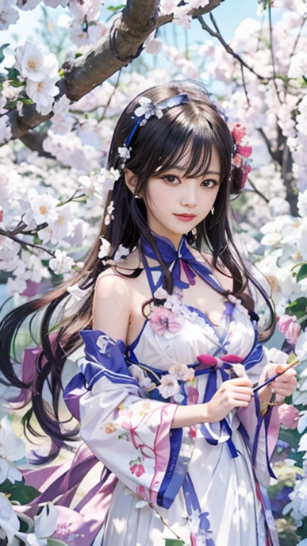Anime girl in white dress standing in flower field, 绫香Genshin冲击, official artwork, 《Genshin》Keqing in, Beautiful anime portrait, Hestia, style, 《Genshin》Zhongli in, Detailed digital animation art, Hungry Ghost Festival, beautiful anime girl, anime goddess, 绫香游戏Genshin冲击