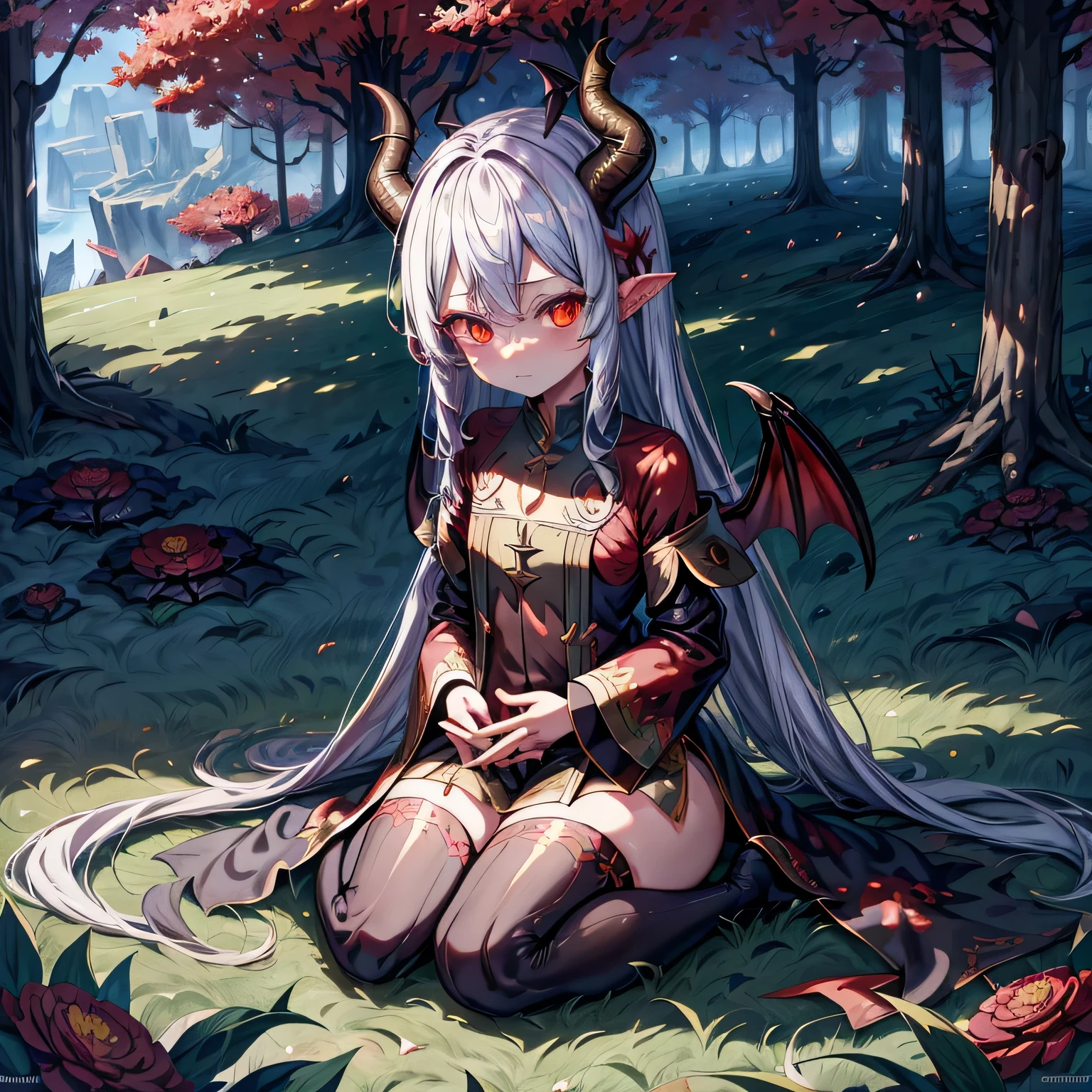 chibidragon, Dal 3, dragon, dragon tail, dragon wings, dragon horns, landscape, nature, Tree, Grass, Dappled light, red eyes,  cat eye, slit pupil