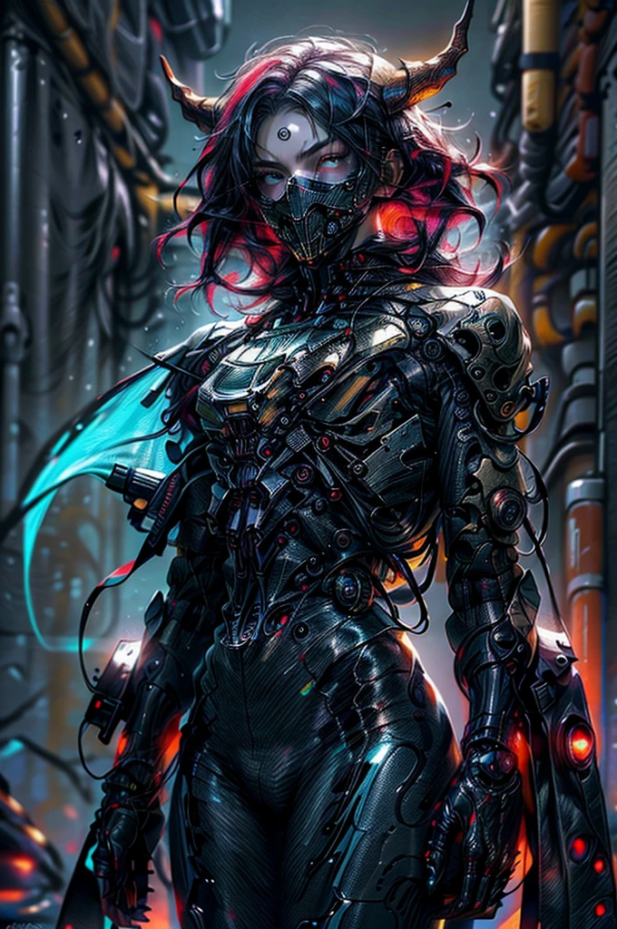 Realistic, perfect masterpiece, high quality, high resolution, highest image quality, 8k hd.
1girl,
Long dark blue-red hair, yellow eyes, glowing eyes, horns.
Dark red cybernetic suit, masks.
Night, flowers, flames on the background.
Highly detailed background