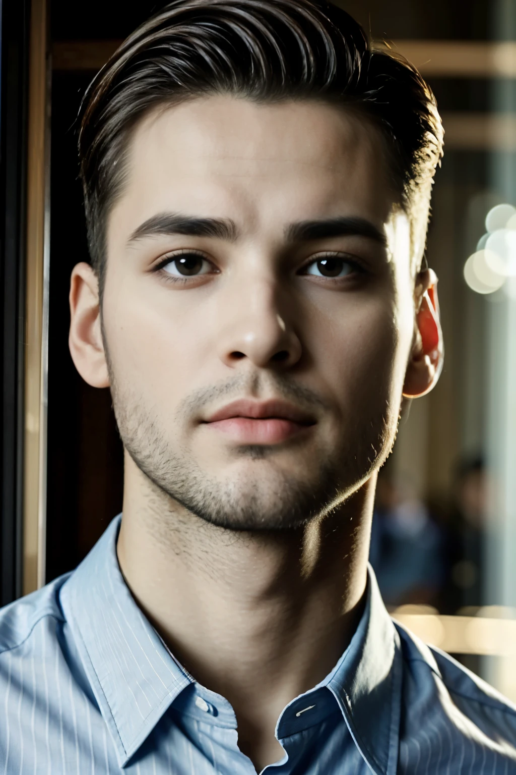 a close up of a picture of Rigel Sky man in a shirt looking at the camera, handsome attractive face, handsome male, perfect handsome detailed face, attractive male, professional photo, beautiful young man age 27, chiseled jawline, trimed beard, clear facemasculine face