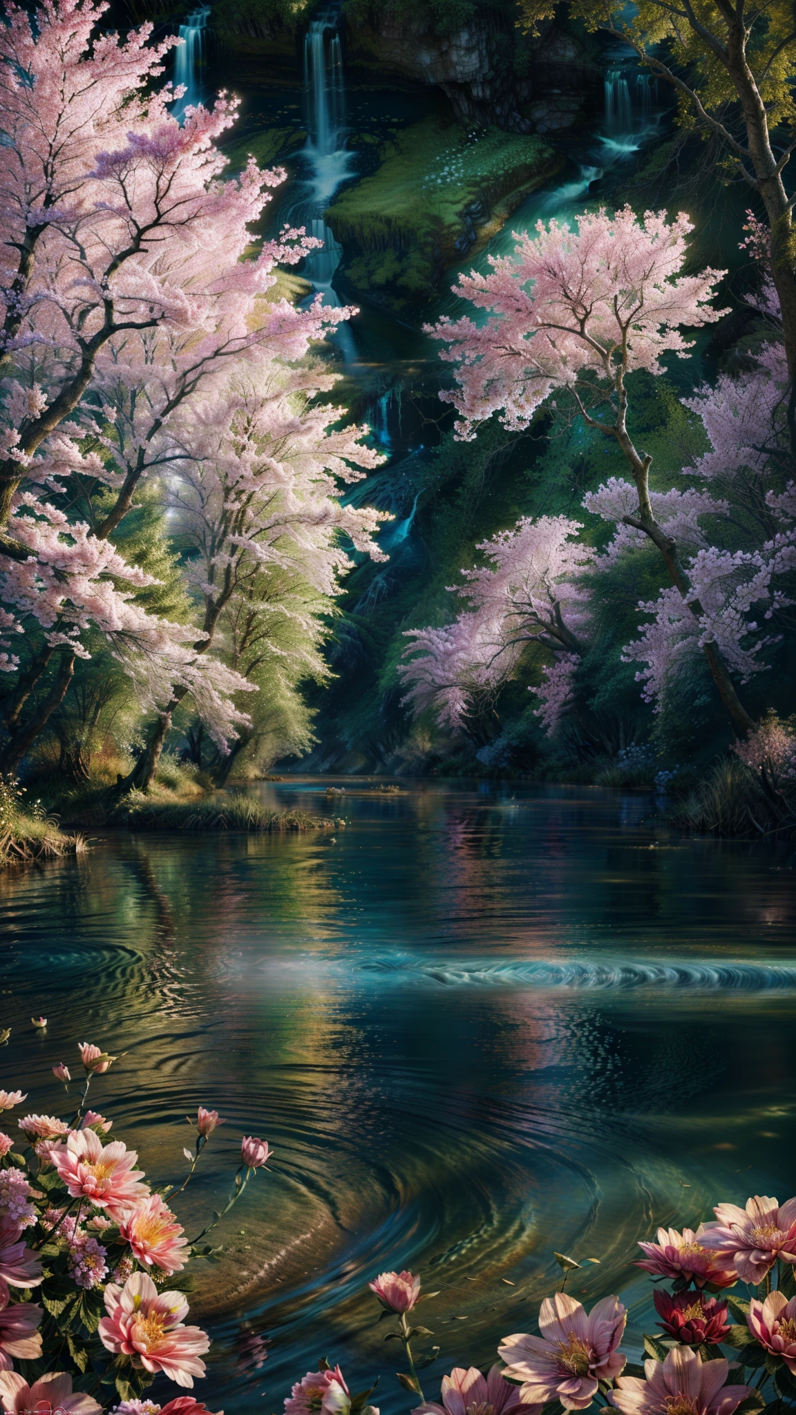 there is a river with flowers in the water, background artwork, beautiful art uhd 4 k, very beautiful digital art, 8k stunning artwork, 4k detailed digital art, 4k highly detailed digital art, 8k high quality detailed art, beautiful digital art, magical background, background art, detailed fantasy digital art, mystical forest lagoon