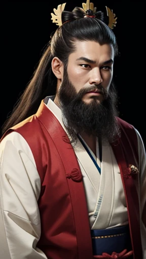 A man wearing clothes from the Heian period、A man with a hairstyle from the Heian period、Red clothes、long beard、Heian period crowned man、man in clothes from the heian period、