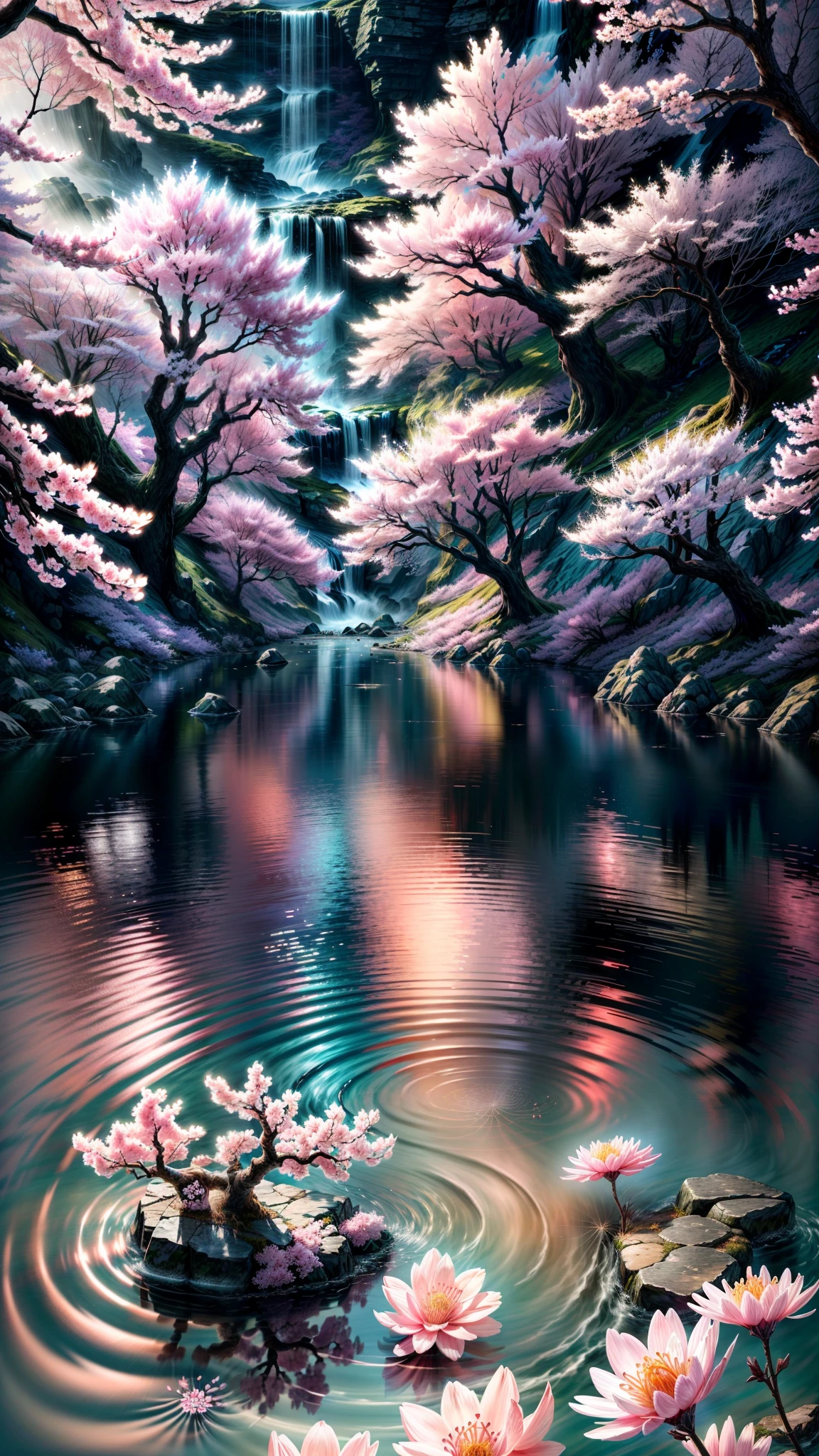 there is a river with sakura flowers in the water, background artwork, beautiful art uhd 4 k, very beautiful digital art, 8k stunning artwork, 4k detailed digital art, 4k highly detailed digital art, 8k high quality detailed art, beautiful digital art, magical background, background art, detailed fantasy digital art, beautiful digital artwork, extreme realistic