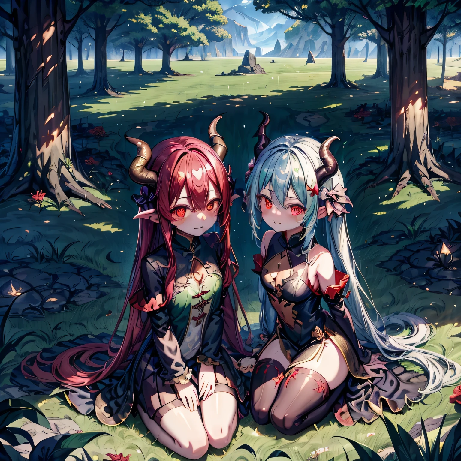 artwork, best quality, two  naked girls, sitting, legs open highest quality pussy, pussy juice, detailed eyes, full body, no panties, small breasts, narrow waist, demon horn, smile, closed mouth, eyes red, one with black hair, long hair, gothic, one with blue hair, ribbon, hair bow, garter belt without panties, gauntlets, wearing honey with boots, alabasta weapon, all the little with tribal tattoos, stone road between the mountains, with ruins of a mountaintop castle in the background, blue full moon, ultra HD, 8K
