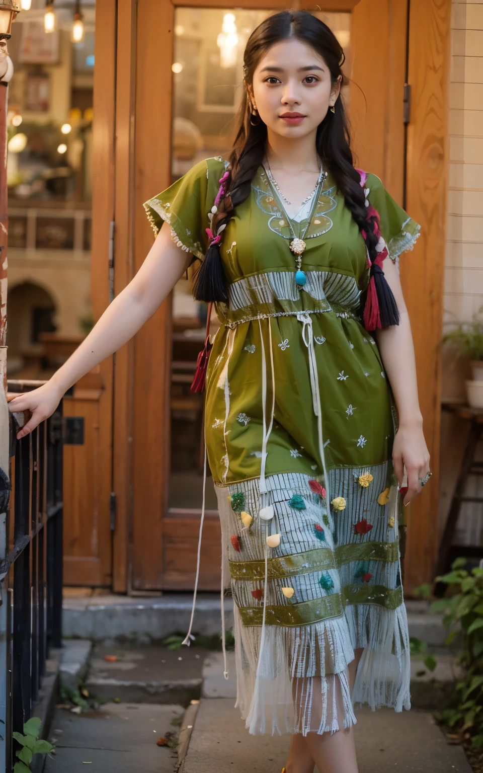 araffe woman in a white dress and red and white shoes walking up some steps, boho poncho and long maxi dress, wearing an elegant tribal outfit,wearing Karen dress mekhela sador, ethnic, Karen dress, traditional clothes, wearing a white folkdrakt dress, traditional clothing