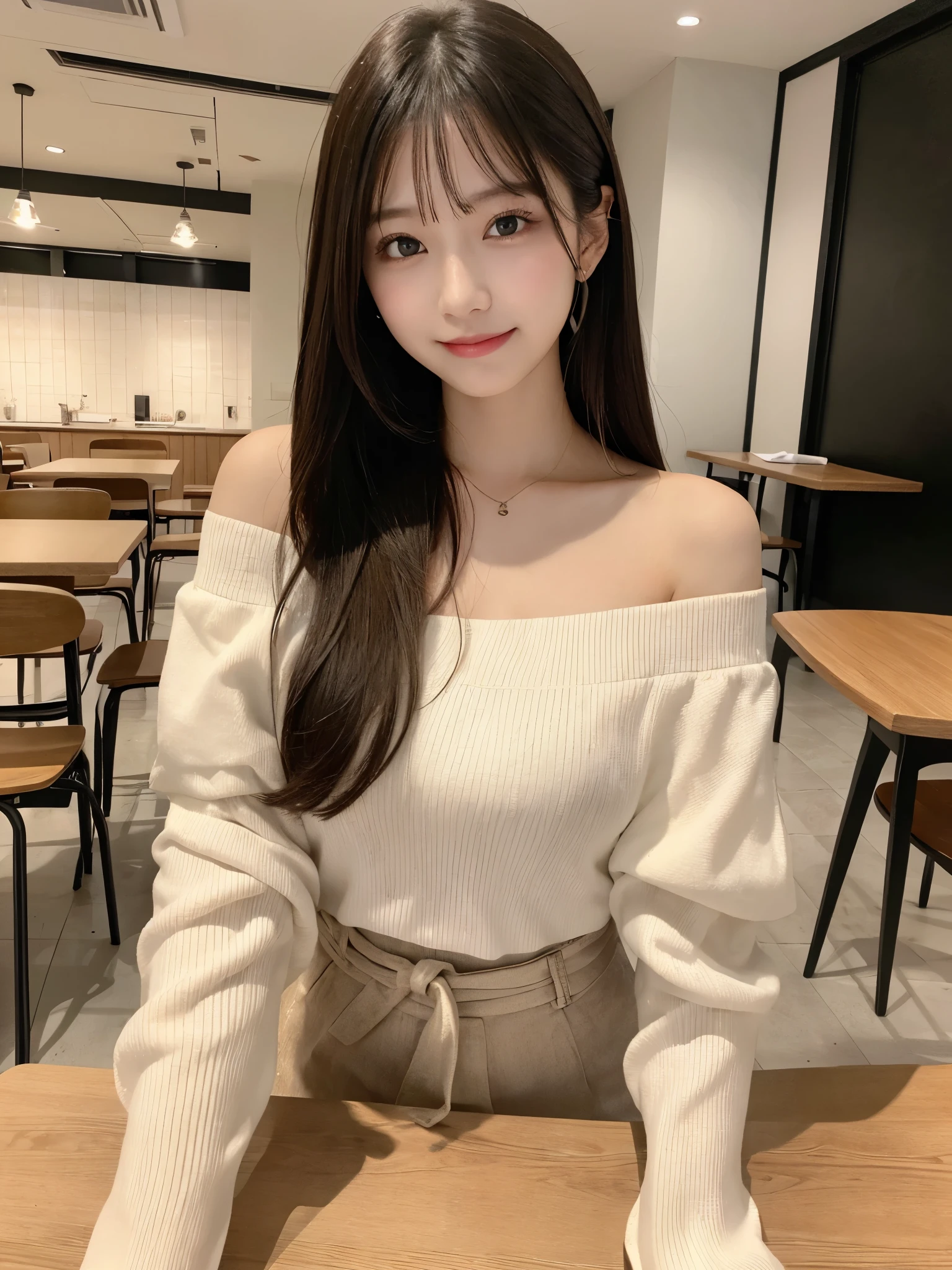 table top, highest quality, figure, super detailed, finely, High resolution, 8k wallpaper, 完璧なダイナミックな構figure, beautiful and fine eyes, off shoulder skirt、edium hair,small breasts natural color lip, bold sexy pose,smile,inside the cafe、Eat parfait、Parfait on the desk、20 year old girl、cute、sexy shot looking at camera、