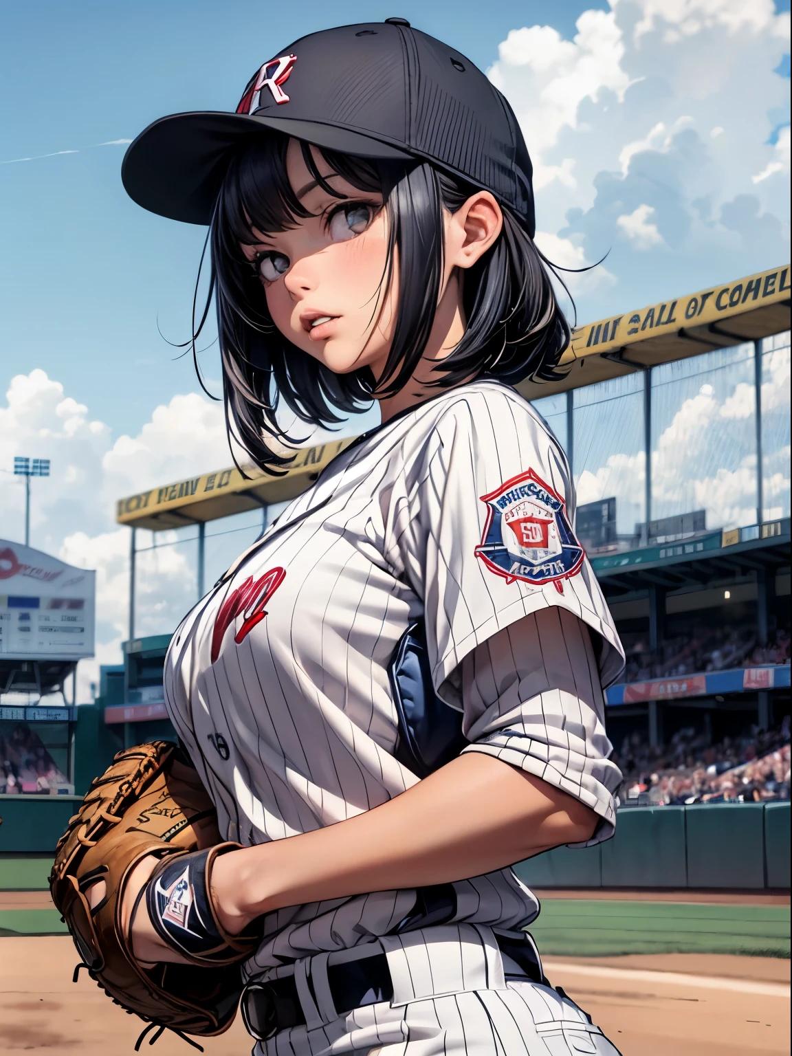 neocoill, masterpiece, best quality, 1girl, baseball uniform, solo, baseball mitt, baseball cap, hat, baseball, sky, sportswear, cloud, black hair, blue sky, day, holding, shirt, bangs, medium hair, long sleeves, standing, holding ball, outdoors, looking at viewer, parted lips, large breasts, mature female,