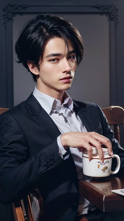 A very handsome and charming Young Man with white skin and very soft hair and very serious features and sharp eyes and he wears a formal suit and he hold a cup of coffee 