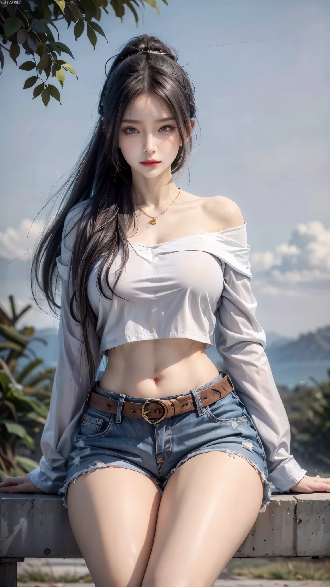 realistic, 1 women, best quality, 12k, HD, long hair, big round breasts, cleavage, ponytail, necklace, jewelry, shorts, short jacket, slim hips, hair tie, yellow eyes, black hair, super detailed, Eye details, hair details, person details, mouth details, face details, breast details, clothes details, hair details, pants details, hand details, whole body