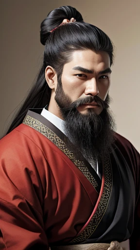 A man wearing clothes from the Heian period、A man with a hairstyle from the Heian period、Red clothes、long beard、four-legged man、man in clothes from the heian period、