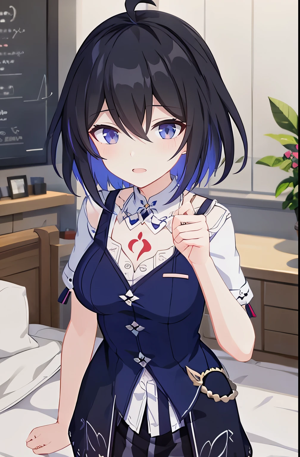 1 girl, best quality, ultra high res, ahoge, Seele Vollerei, medium breast, smile, small body, open mouth, azure clothes, short sleeves, bedroom, white bed sheets, pov, chest  tattoo, upper body, looking at viewers, looking you, blue eyes, black hair, blue hair, perfect detailed, 