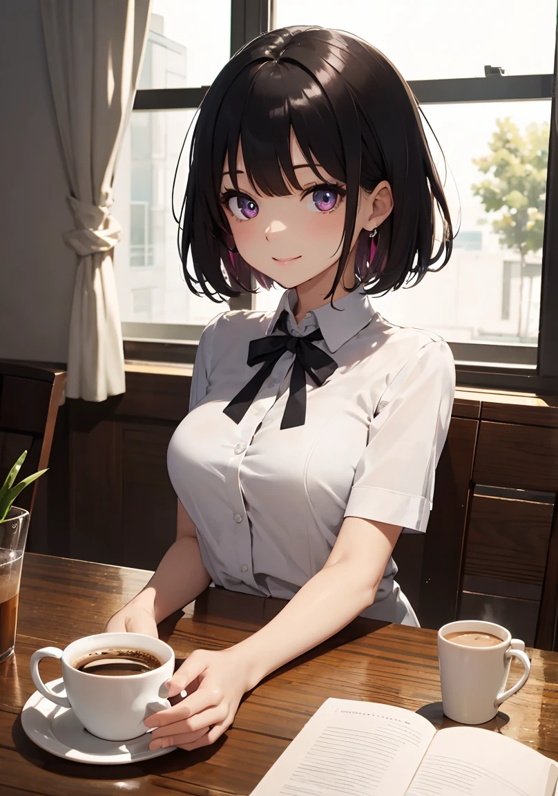 masterpiece, absurdres, best quality, ultra detailed, high Resolution, detailed illustration, extremely beautiful detailed face and eyes, bright colour, 1girl, (li), cute face, Delicate beautiful face, magenta eyes, cute eyes, sparkling eyes, big eyes, medium breasts, (perky breasts:1.1), (pointy breasts:1.1), medium hips, glamorous body, white skin, Smile, BREAK, long bob cut, (blonde hair:0.8), messy hair, detailed hair, shiny hair, BREAK office casual, tiny ribbon, at cafe, looking out window, siting, coffee on the table, real world, natural lights, perfect lighting,