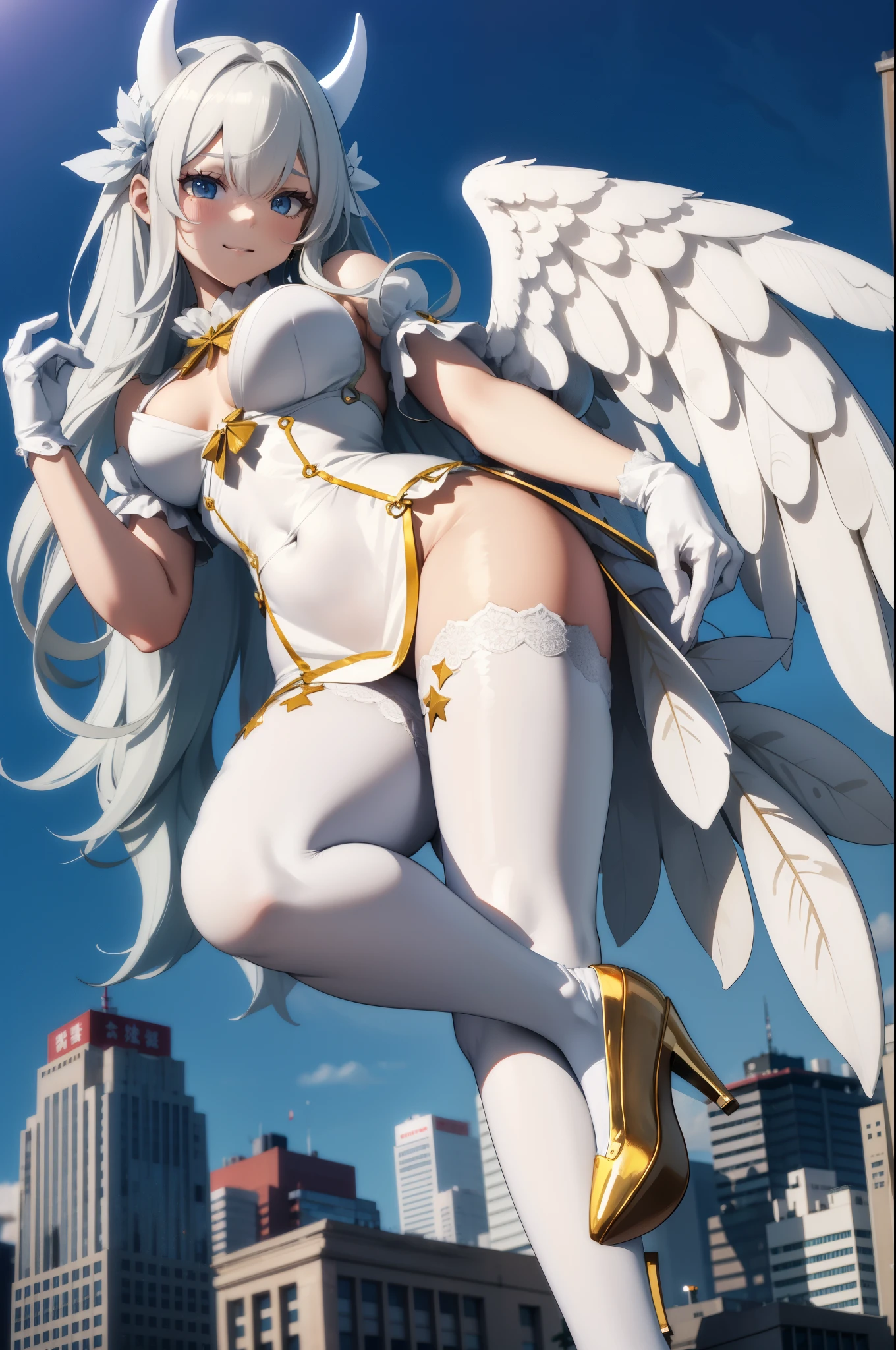 Aerial View,giant girl 50,000 feet high,Weight 1000kg,Has a pair of huge white angel wings,With huge devil horns on his head,Has waist-length white hair,loose hair,white wavy hair,Wearing a pair of white Mary Jane high heels,White lace gloves,White lace pantyhose,Pantyhose with bow and star decorations,白色蕾丝whole body,Standing upright on a small city,Beautiful appearance,Exquisite makeup,quality,8k,高quality,Perfect proportion, Cinema lighting,film grain,Fuji colors,8k,textured skin,Super details,high detail,high resolution,fake smile,blood stains,脚底有blood stains,whole body,Obese,feather