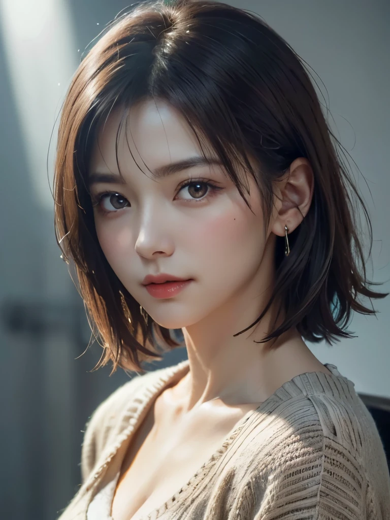 (Representative works:1.3)、(8k、photorealistic、Raw photo、Highest image quality:1.4)、(30 years old mature woman)、small face、beautiful face、(realistic face)、no makeup、natural makeup、light makeup、 (Dark brown、short hair:1.3)、beautiful hairstyle、realistic eyes、beautiful detailed eyes、 (photorealisticな肌)、beautiful skin、 (sweater)、small breasts、Bust B Cup、 Disorganized、 charm、超High definition、Super realistic、 High definition、golden ratio、FF Tifa、Gray background、