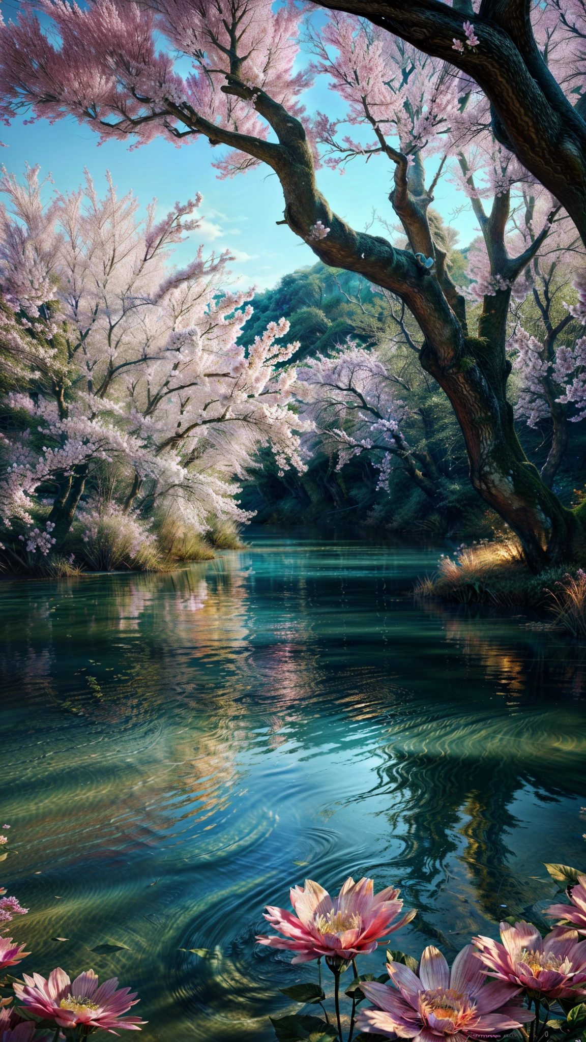 there is a river with flowers in the water, background artwork, beautiful art uhd 4 k, very beautiful digital art, 8k stunning artwork, 4k detailed digital art, 4k highly detailed digital art, 8k high quality detailed art, beautiful digital art, magical background, background art, detailed fantasy digital art, mystical forest lagoon