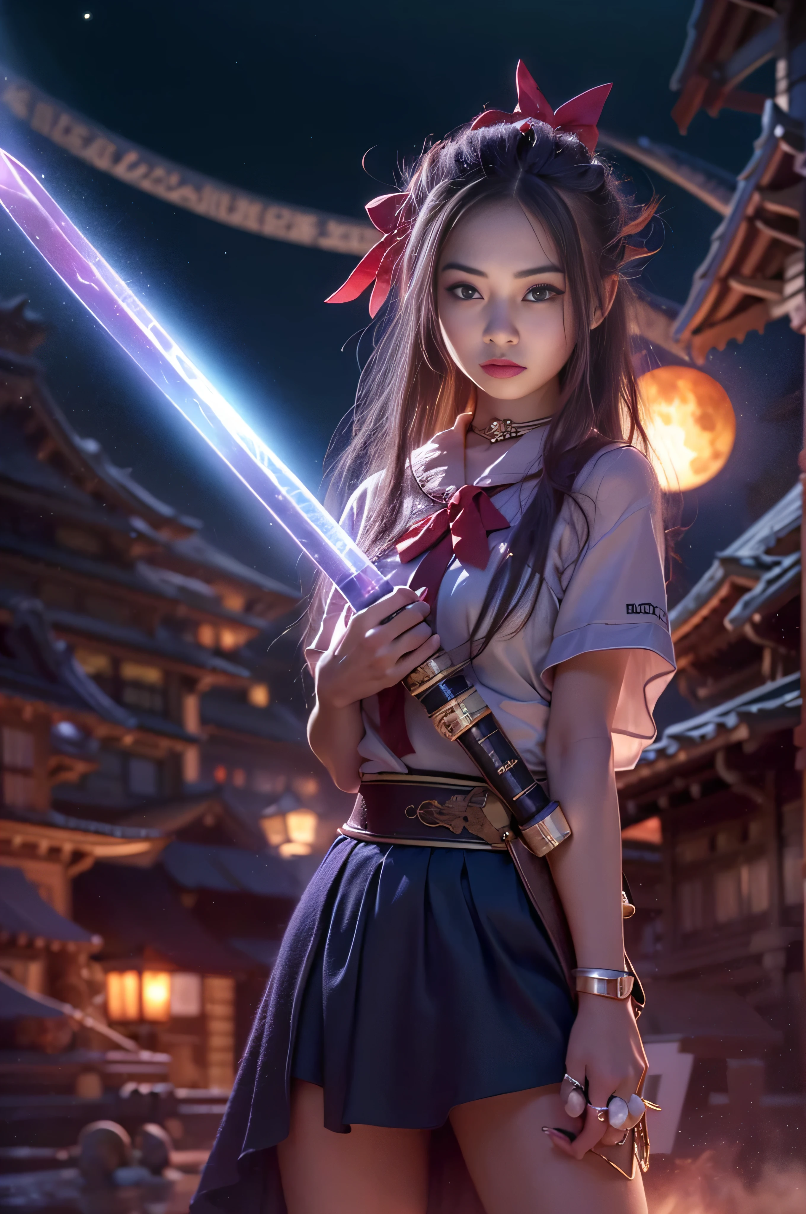 (8K, highest quality, table top:1.2), (software:1.3), (realistic, photo-realistic:1.37), 1 beautiful girl, whole body, , generally, mini skirt, long hair, ribbon in her hair,Former Japan Village, night, full moon, moonlight, fire, with a sword, fantasy, floating hair, rain,