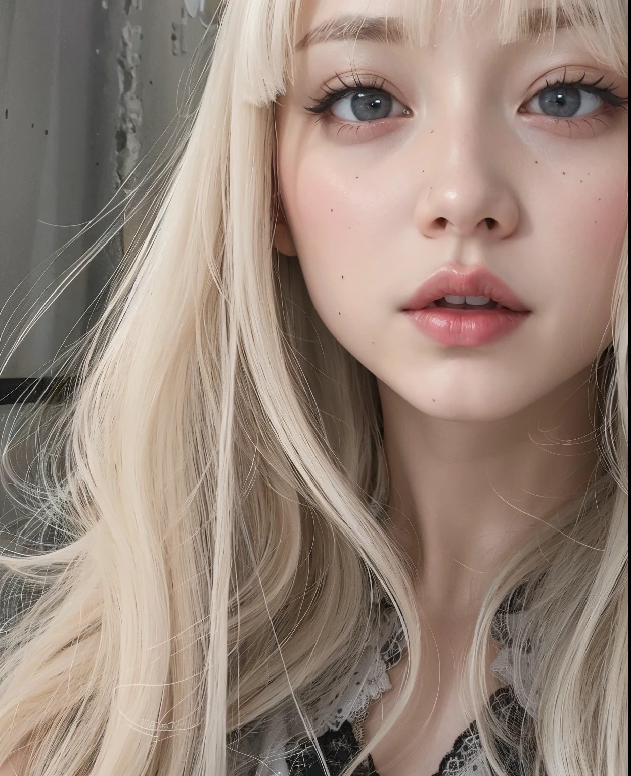 Un primer plano de una mujer con el pelo largo y rubio y una blusa negra, pale labios delgados, extremely pale blonde hair, pale porcelain white skin, pale round face, with very labios delgados, Pale fur, very very pale blonde hair, rasgos de la cara coreana, pale white face, ulzzang, labios delgados, small lips pointed nose, pale white skin