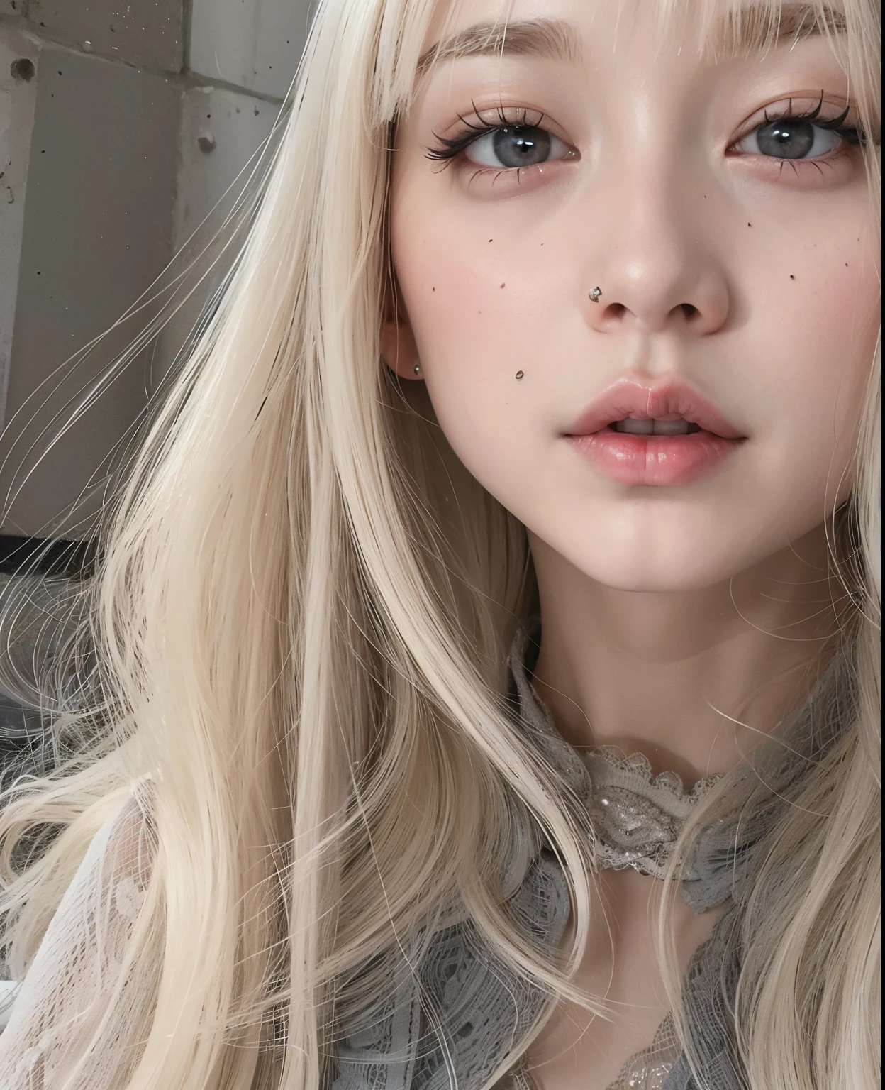 Un primer plano de una mujer con el pelo largo y rubio y una blusa negra, pale labios delgados, extremely pale blonde hair, pale porcelain white skin, pale round face, with very labios delgados, Pale fur, very very pale blonde hair, rasgos de la cara coreana, pale white face, ulzzang, labios delgados, small lips pointed nose, pale white skin