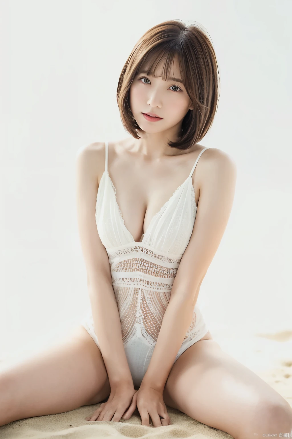 Top quality, one beautiful woman, 35mm lens, f/1, cowboy shot, (white background: 1.3), at beach,Spread legs,hair bob cut