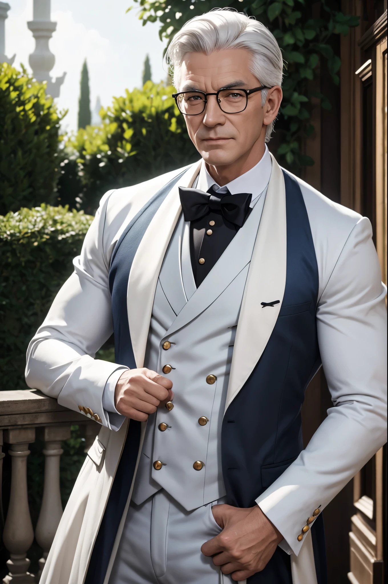 8K,An old butler with white hair and small glasses,Gray-haired short-haired,super handsome(like the real thing),butler with goat eyes,Macho with muscular slender body,gentle smile,White butler uniform,white butler costume,Cotton gloves,ultra high resolution,Super realistic,fantasy art,character art,rich colors, Backlight, cinematic lighting, film grain, born, 50mm lens, Nikon D850,big mansion garden,