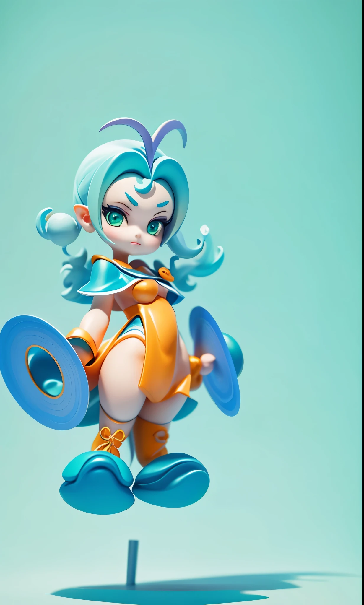 Water element discovery 3D modeling c4d rendering ultra-light clay material clean and soft lines Morandi color matching cute character color clean ultra-clear rendering blind box hand-made style blue hair green hair orange costume cartoon girl, elf character, official character art, epic mage girl character, very stylized character design, character artwork, Lucio as a woman, role playing game characters, High quality character design