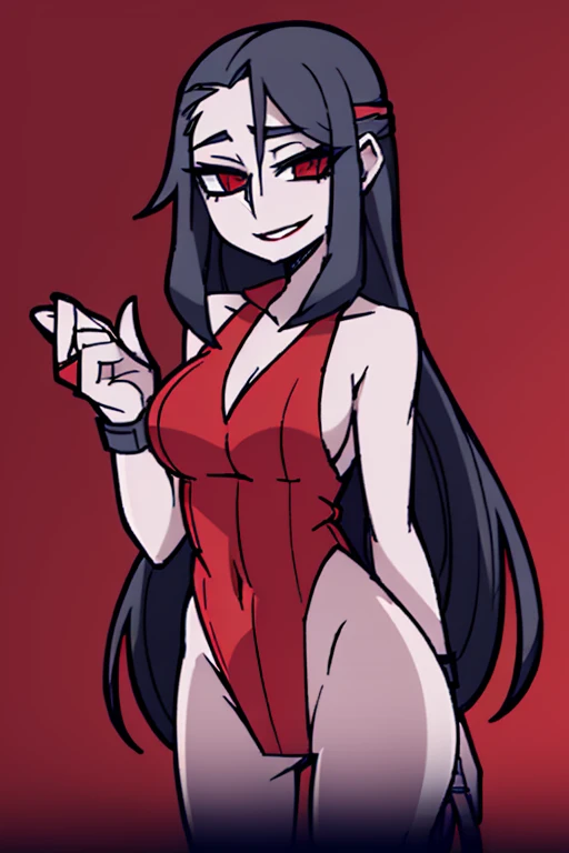 beautiful girl, red lips, red eyes, long flowing black hair, naked girl, naked breasts, large breasts, large naked breasts, naked, sexy, beautiful look, pleasant smile