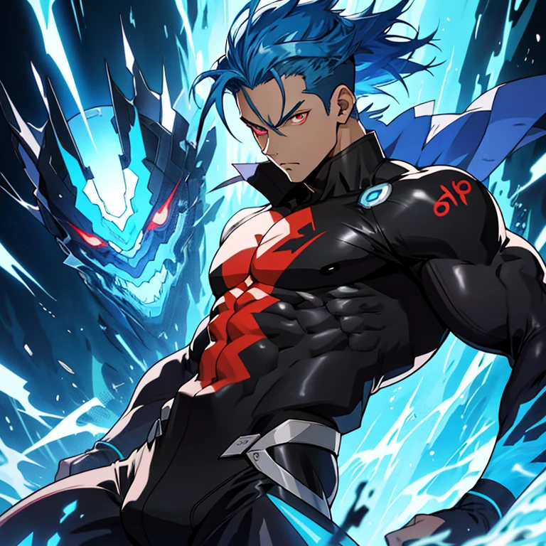 anime boy, blue hair, anime, cyberpunk ropa, half dragon, God, fighting various enemies