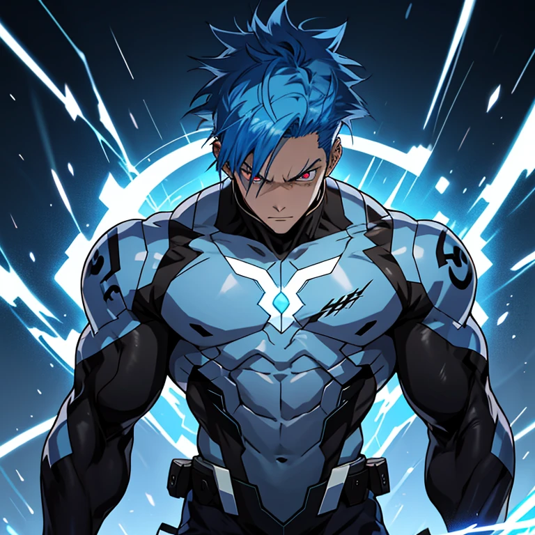 Anime Character with Electric Blue Hair and Transparent Background:
(Transparent background, High definition: 1920 x 1080p), a muscular figure clad in a cartoon anime-style outfit, broad, narrow eyes drawing intense focus, electric blue hair standing out against the background, red glowing eyes piercing through the emptiness, broad shoulders and narrow waist showcasing an athletic physique.