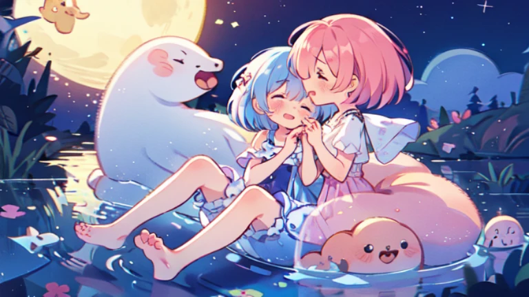 ram and rem，(2girls:1.1)，wet，cheeks flushed，Put your hands on your face，Love awakens their tear ducts and brings tears to their eyes，A loving expression，leg straps，soft，high resolution, Super detailed，4k，Background next to clear river water，The river water is clear and transparent，The moonlight casts shadows on the lake，Milky white liquid flows out on the ground，(holding hands:1.1)，（kiss on the lips:1.1），Too cute，Transparent pink garter stockings，whole body，barefoot，lace，More vivid colors and softer contrast，fair skin，The skin is delicate and shiny